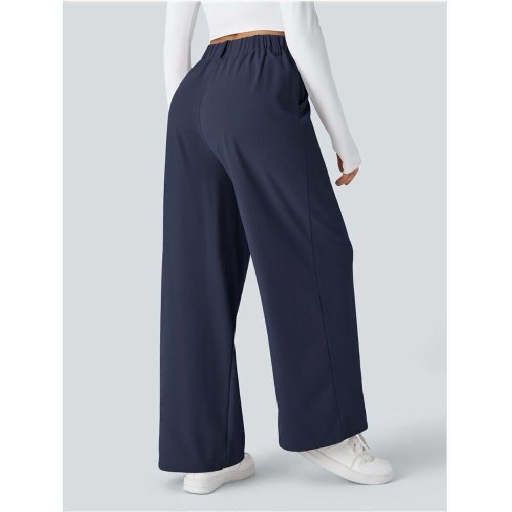 Halara Blue Pull On High Rise Pleated Wide Leg Stretch Knit Trouser Pants Sz LP - Picture 8 of 15